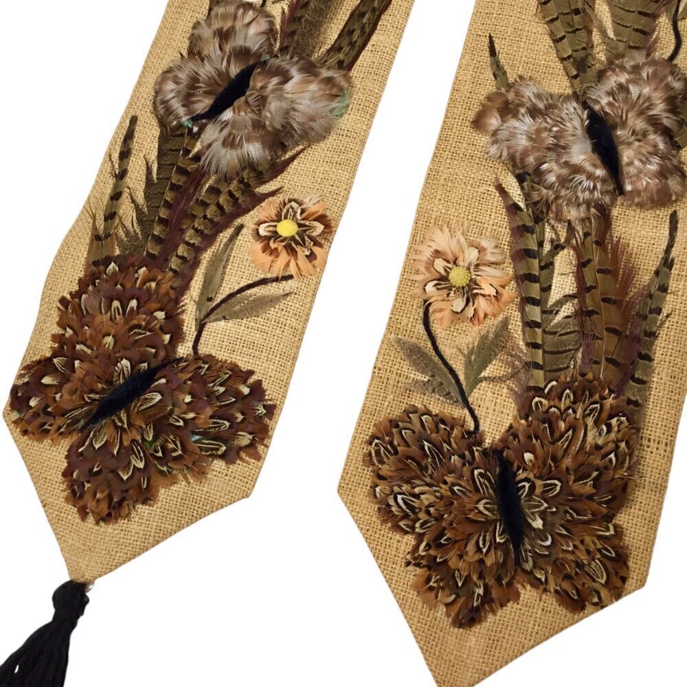 Vtg 3D Folk Art Feather Craft Art Burlap Wall Hanging Bell Pull Butterfly OOAK - Picture 6 of 12